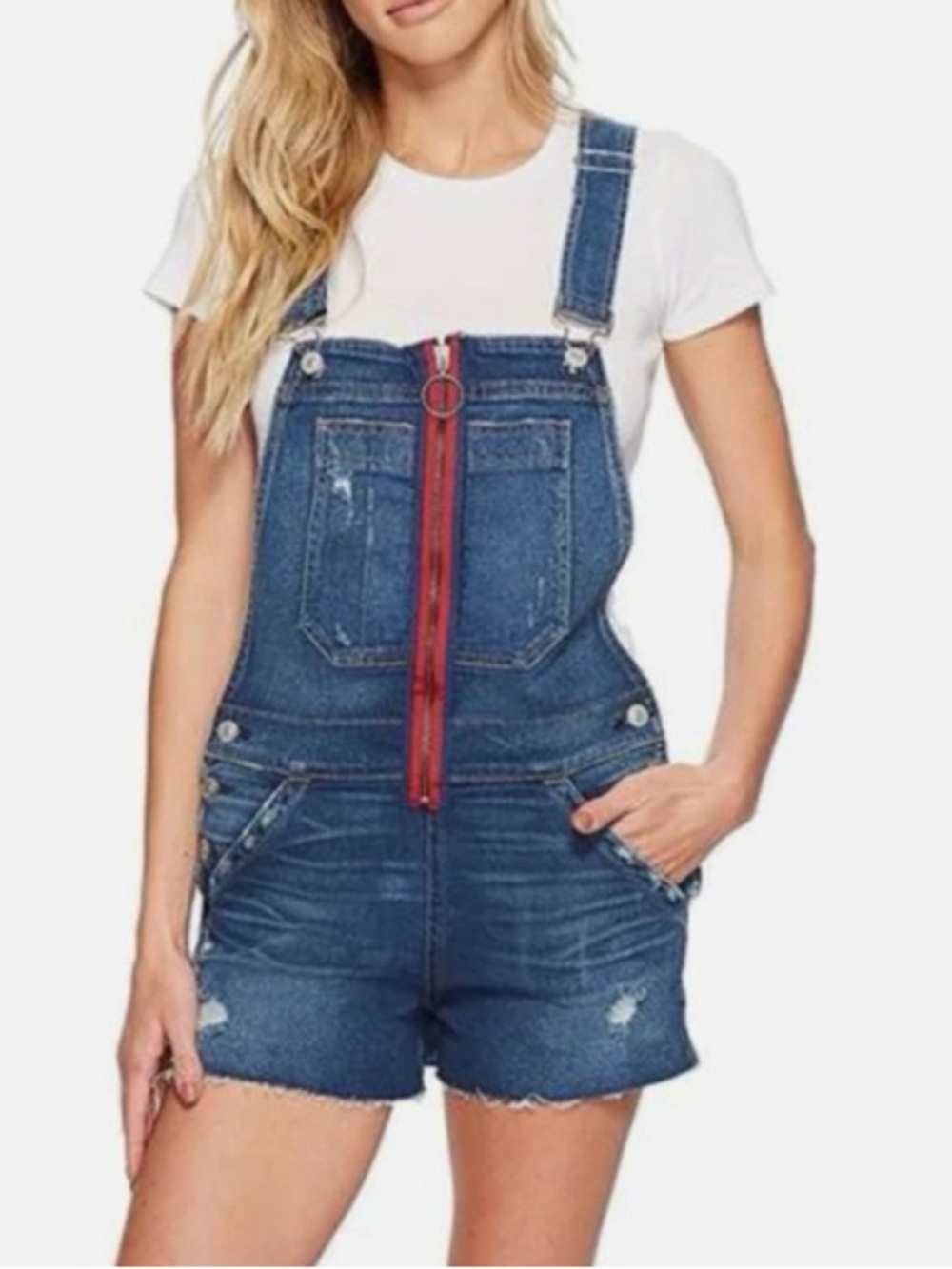 Hudson Distressed Denim Short Overalls Romper – Red Zip Medium